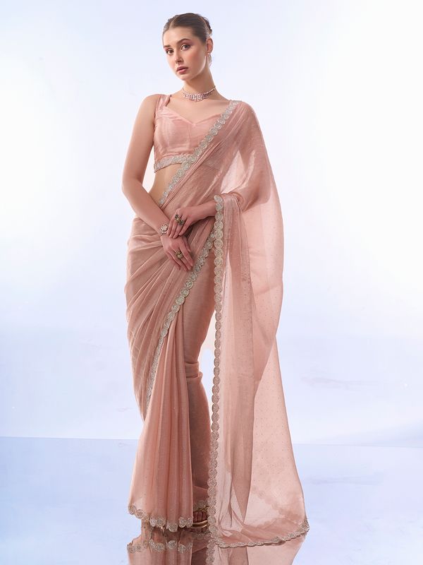 Peach Designer Work Lace Border & Swarovski Work Burburry Saree