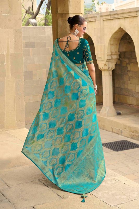 Sea Green Wevon Designer & Embroidery Work Jacquard Silk Saree