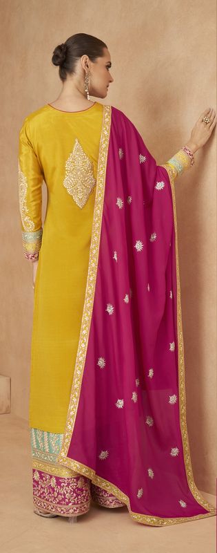Yellow Chinon Fabric Heavy Embroidery Work Ethnic Salwar Kamez