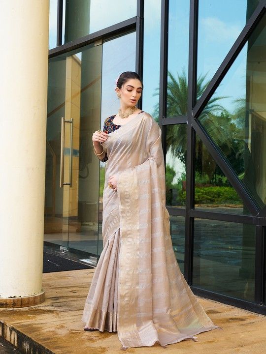 Brown Khadi Striped Saree and Stitched Multi Blouse