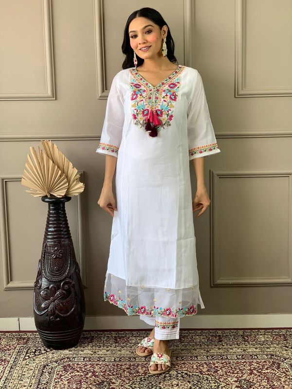 White Chanderi Silk Straight Kurta