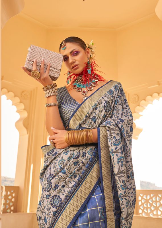 Blue Wevon Border Designer & Printed P V Silk Saree