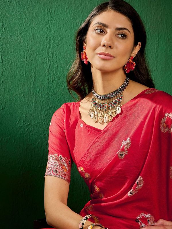 Red Wevon Jacquard Designer Staple Dola Cotton Saree