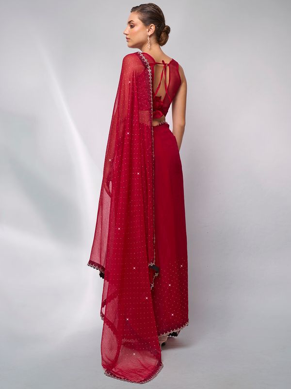 Red Swarovski Designer Moss Saree