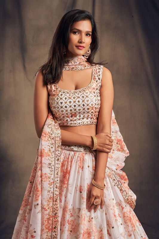 White Women's Organza Embroidery Lehenga Choli