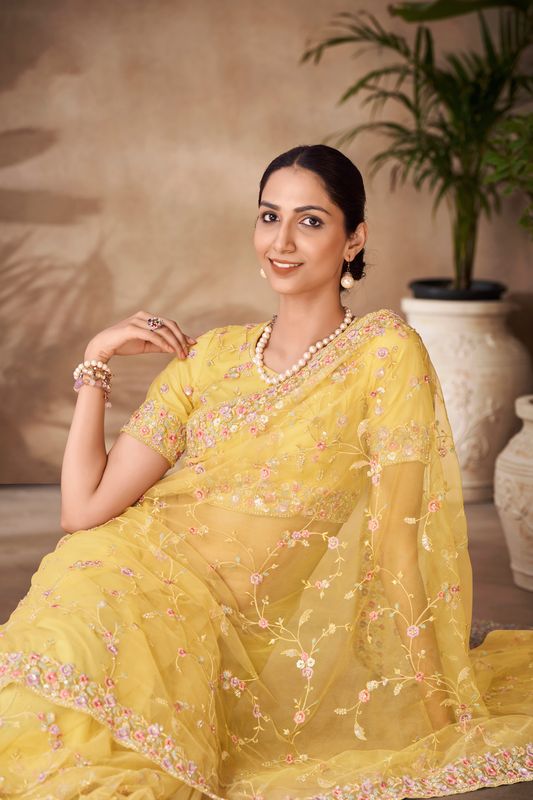 Yellow Thread & Sequance Embroidery & Zarkan Work Net Saree