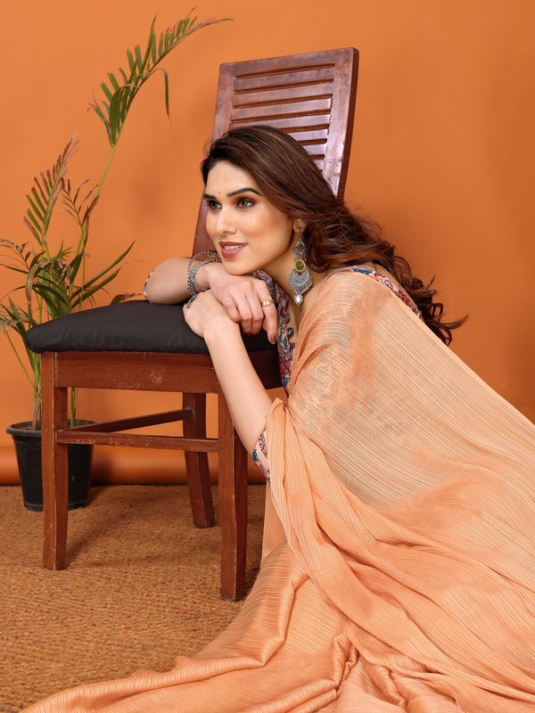Orange Solid & Digital Printed Blouse Polyester Zari Saree