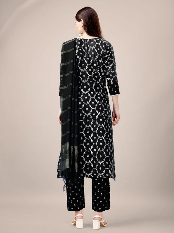Black Color Rayon Fabric Designer Printed Readymade Suits With Smart Embroidery Work