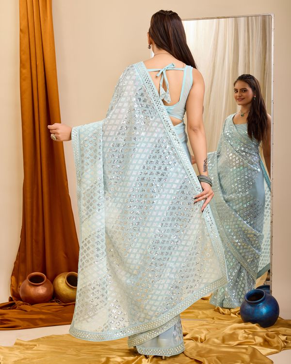 Sky Blue Designer Sequance Embroidery Work Georgette Saree