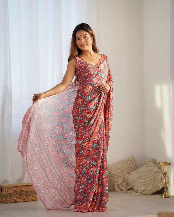 Red Designer Digital Printed & Mirror Cut Work Chinon Saree
