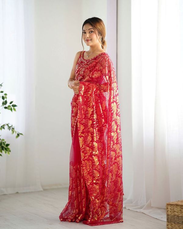 Pink Heavy Sequance Embroidery Work Mono Net Saree