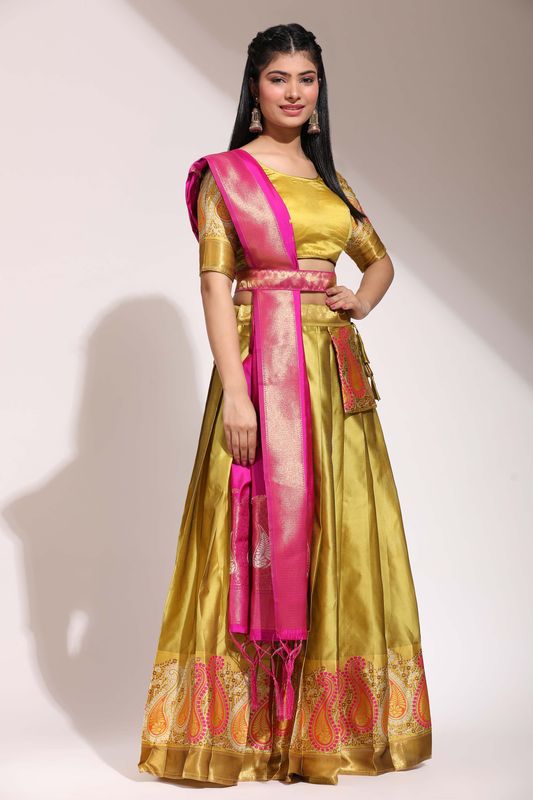 Yellow Lichi Silk Jacquard Work Lehenga