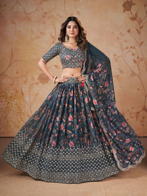 Digital Print Satin Silk Fabric Stitched Lehenga Choli With Jequared Blouse and Assami Silk Thread Work Dupatta For Women and Girls In Festive Party And Traditional Wear