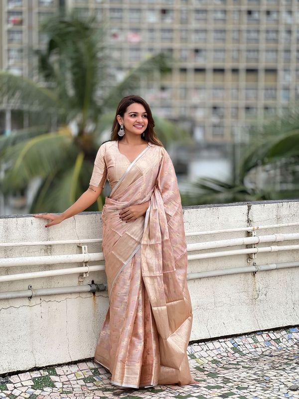 Pink Weaving Jari Meenakari Designer Tissue Silk Saree