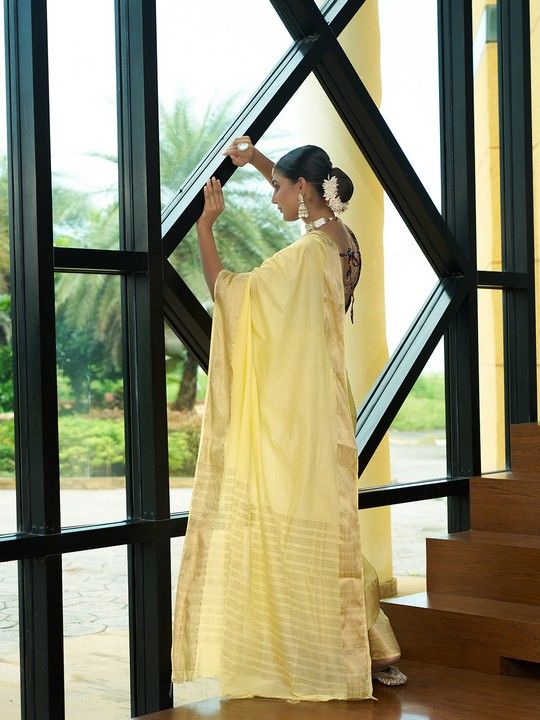 Lemon Crepe Woven Saree and Stitched Lemon Blouse