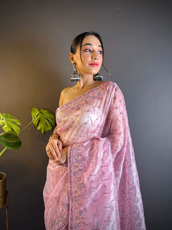 Pink Thread & Sequance Embroidery Work Twill Net Saree