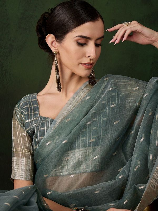 Green Wevon Jacquard Designer Khadi Organza Saree
