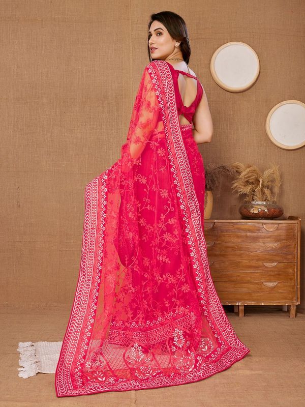 Pink Designer Thread Embroidery Work Soft Net Saree