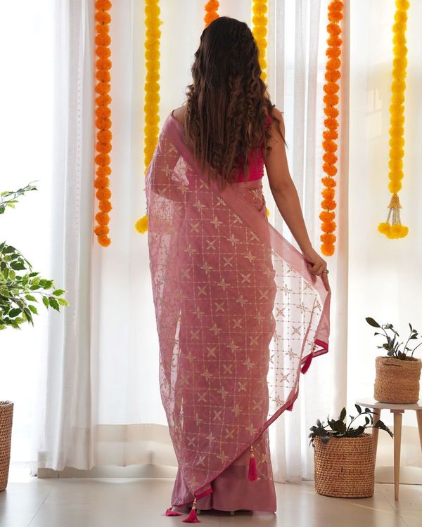Onion Thread & Sequance Embroidery Work Satin Georgette Saree