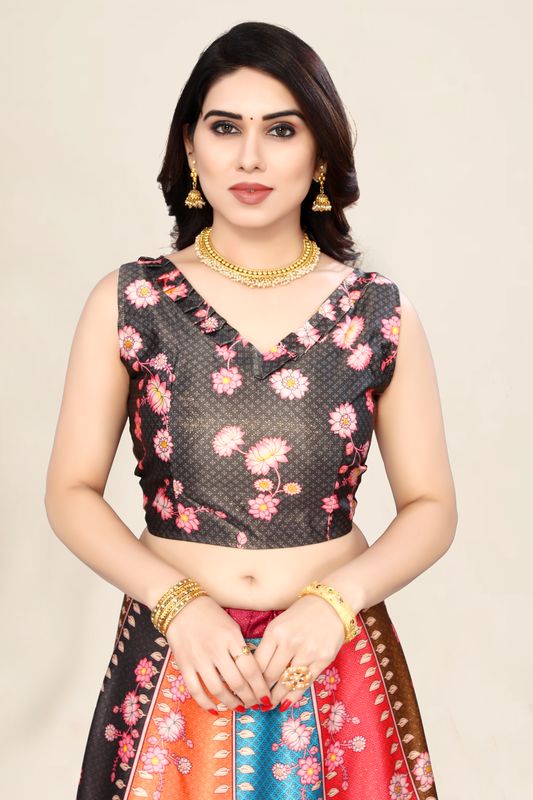 Digital Print Satin Silk Fabric Stitched Lehenga Choli With Jequared Blouse and Assami Silk Thread Work Dupatta For Women and Girls In Festive Party And Traditional Wear