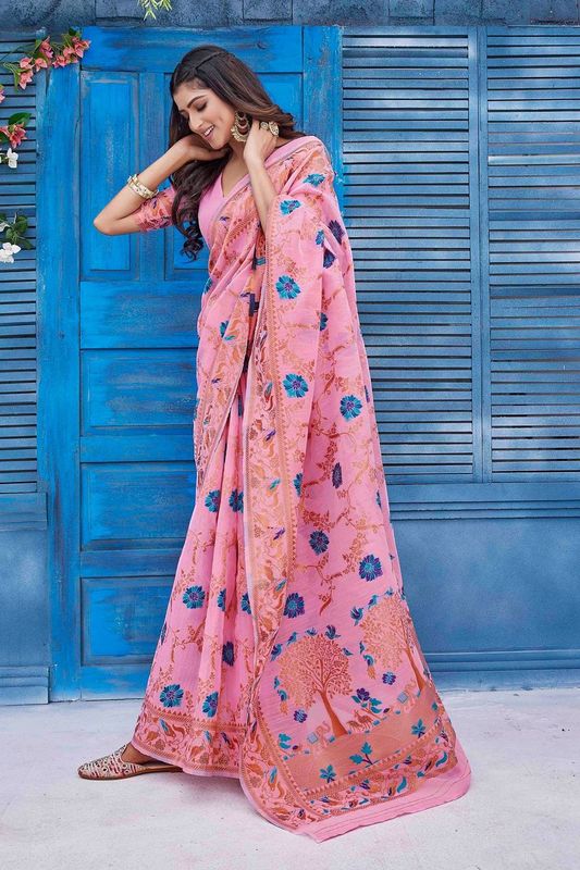 Pink Color Wevon Jacquard Designer Linen Fabric Graceful Saree