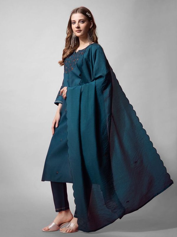 Teal Blue Color Cotton Blend Readymade Dress With Designer Embroidery Work