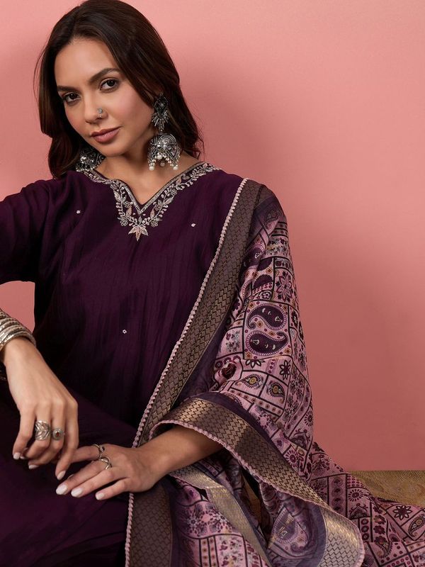 Purple Color Rich Looks Hand Woven Readymade Dress With Sophisticated Embroidery Work