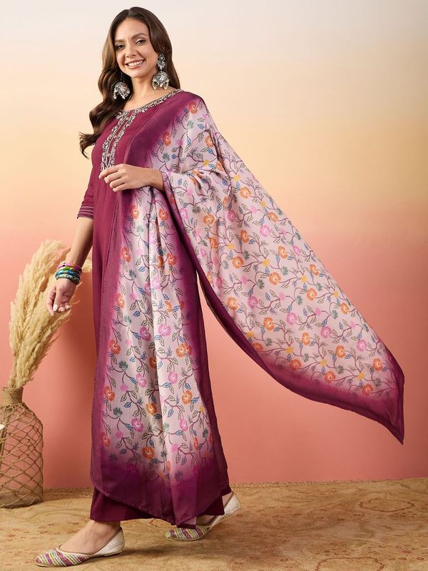 Maroon Color Rich Looks Hand Woven Readymade Dress With Sophisticated Embroidery Work