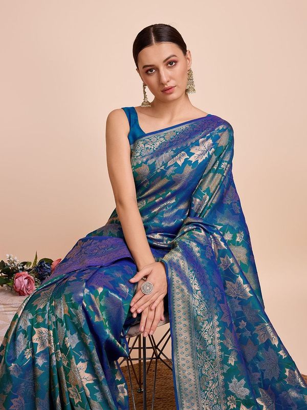 Firozi Weaving Copper Jari Designer Handloom Silk Saree
