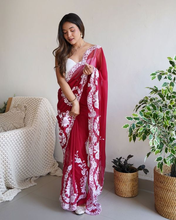 Red Thread Embroidery & Cut Dana Work Thai Organza Silk Saree