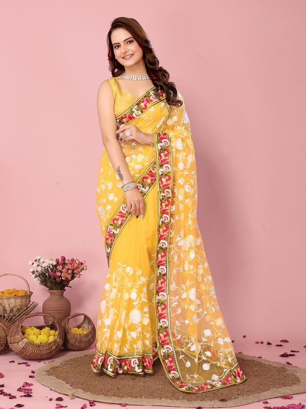 Yellow Multy Thread Embroidery Work Soft Net Saree