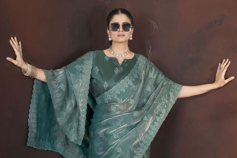 Teal Sequance & Thread Embroidery Work Jimmy Choo Saree