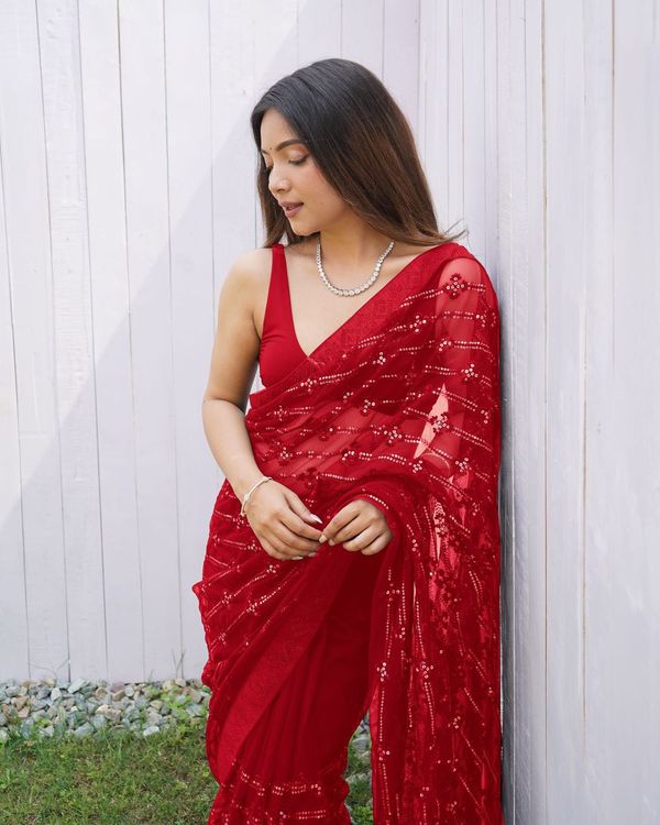 Red Thread & Sequance Embroidery & Diamond Work Butterfly Net Saree