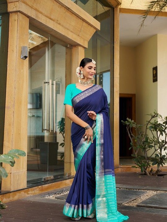 Blue Crepe Woven Saree and Stitched Rama Blouse