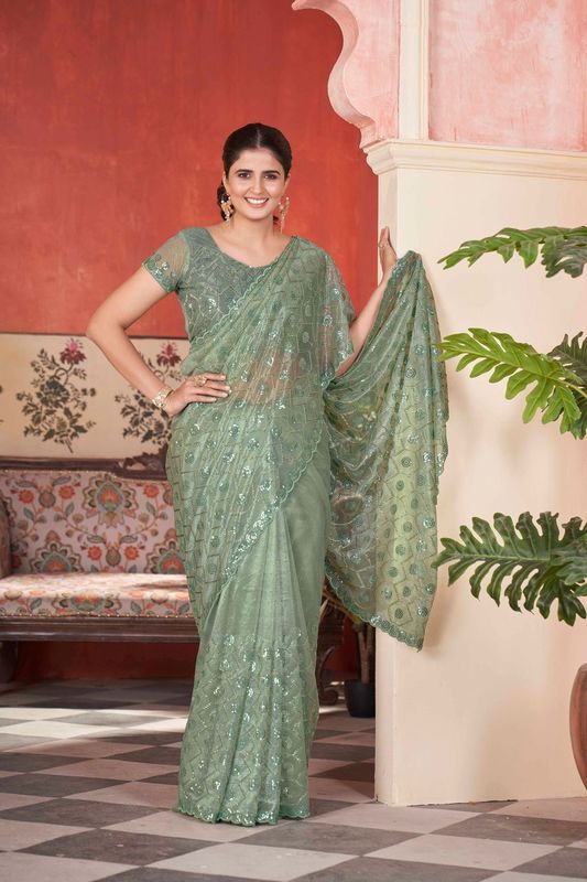 Pista Sequance & Thread & Pite Embroidery Work Tissue Net Saree