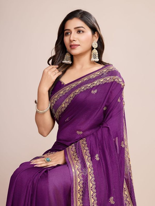 Voilet Designer Embroidery Work Vichitra Silk Saree