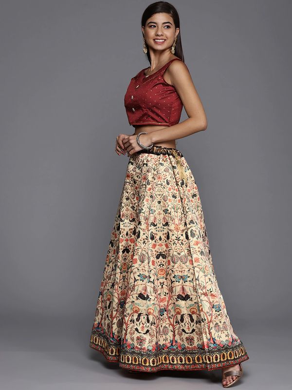 Bandhni Patola Type Digital Print Shiney Satin Croptop Lehenga Choli With Blouse For Women and Girls