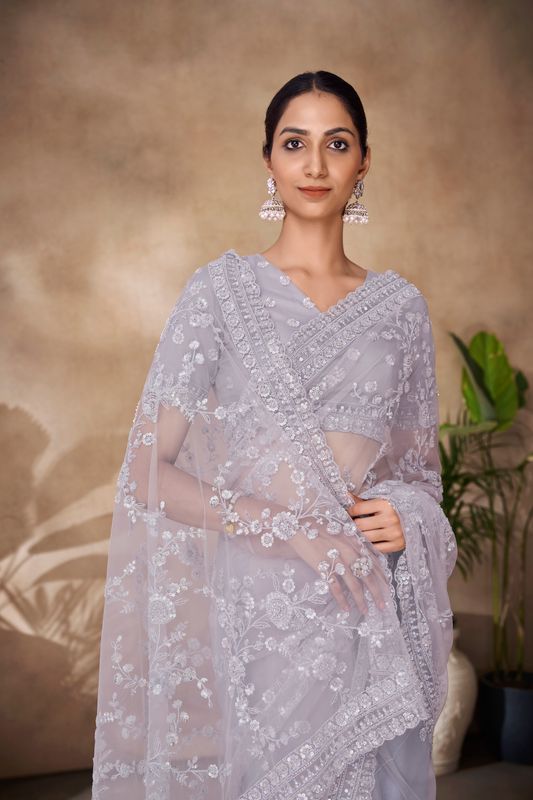 Grey Thread & Sequance Embroidery & Zarkan Work Net Saree