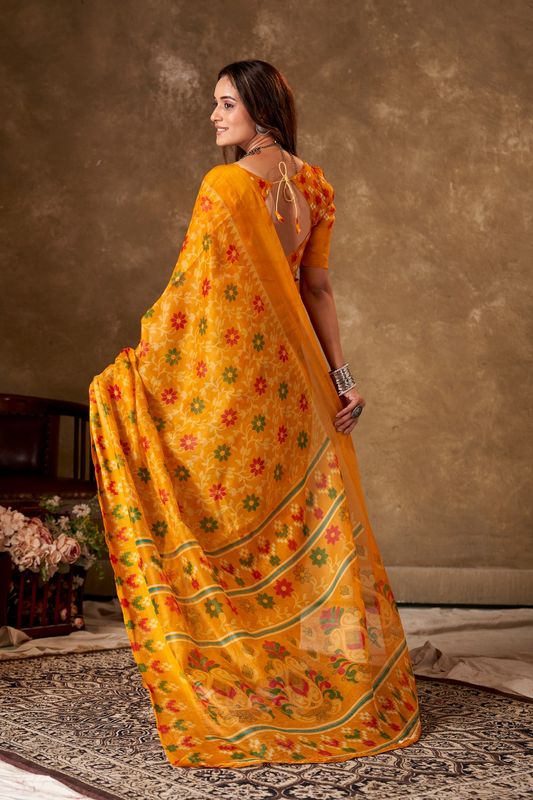 Yellow Cotton Printed Saree and Stitched Yellow Blouse