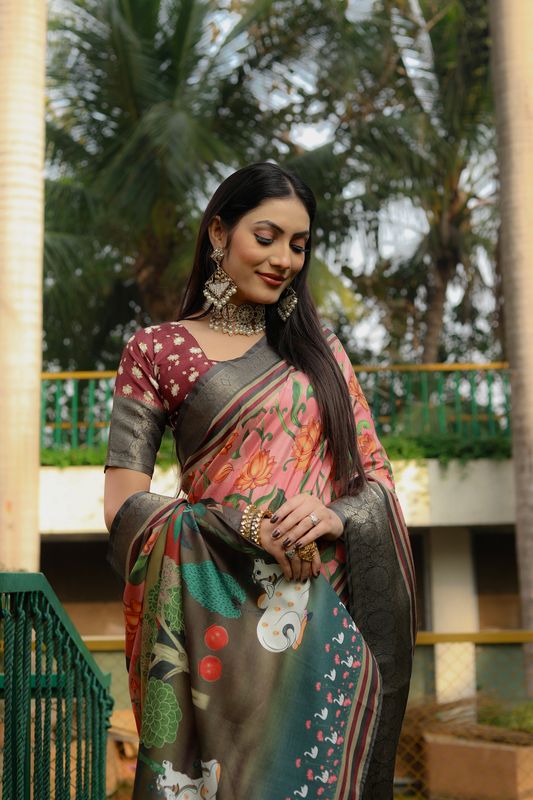 Peach Wevon Border & Kalamkari Digital Printed Dola Silk Saree
