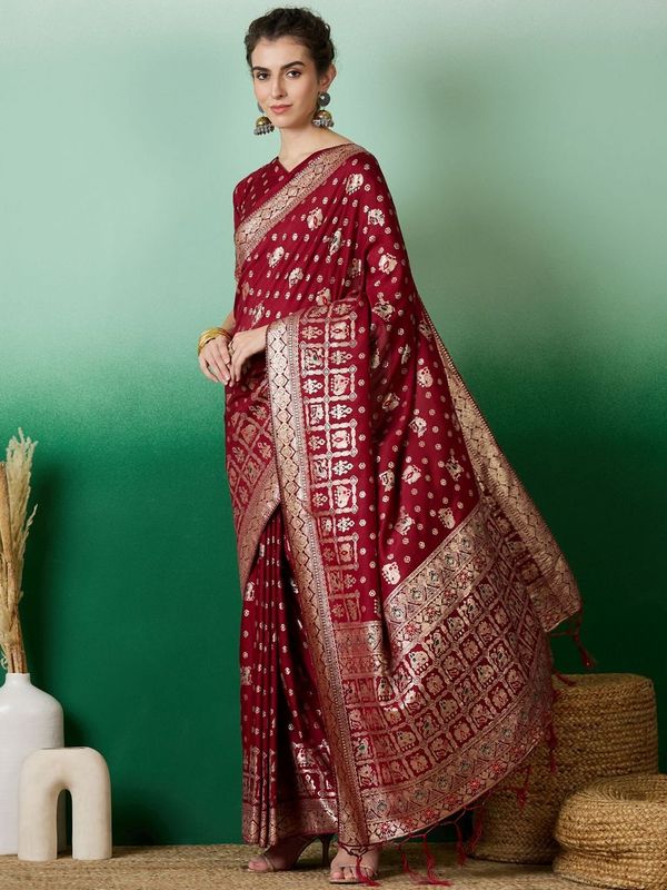 Maroon Wevon Jacquard Designer Staple Dola Cotton Saree