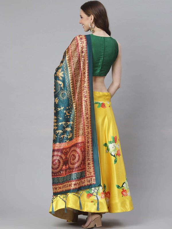 Kalamkari Digital Print Shiney Satin Stitched Lehenga Choli With Unstitched Multi Sequnce Work Blouse and Shiney Silk Dupatta For Women and Girls