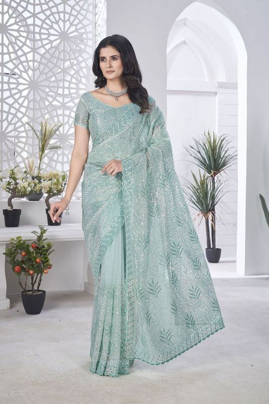 Sea Green Multy Thread & Sequance Embroidery Cut Work Tissue Net Saree