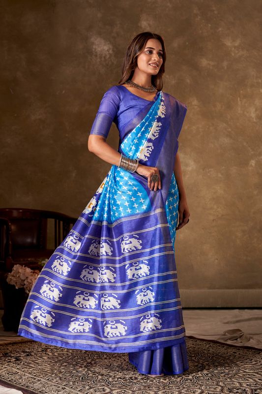 Sky Blue Cotton Printed Saree and Stitched Dark Blue Blouse