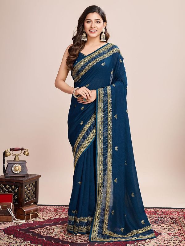 Teal Blue Designer Embroidery Work Vichitra Silk Saree