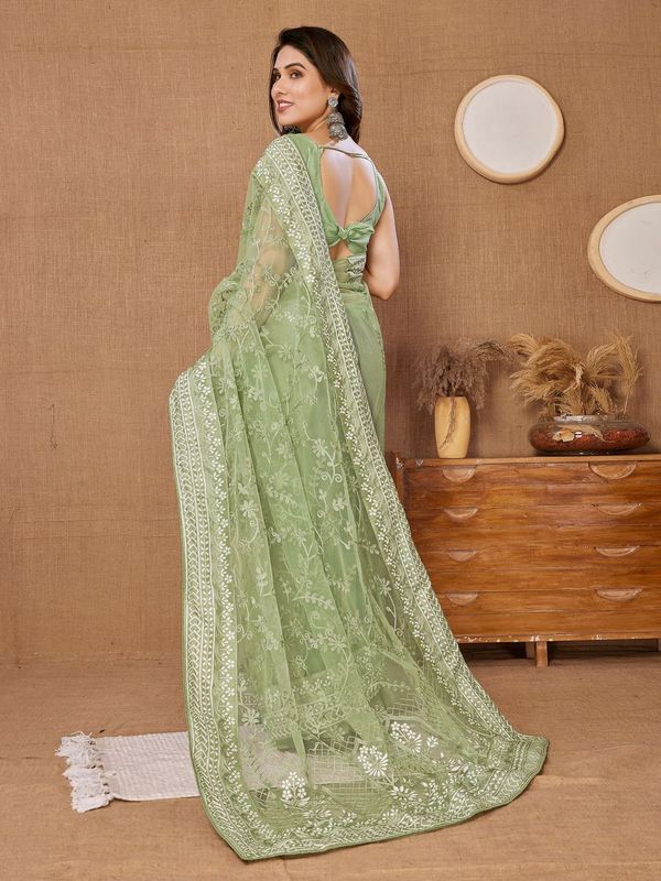 Pista Designer Thread Embroidery Work Soft Net Saree