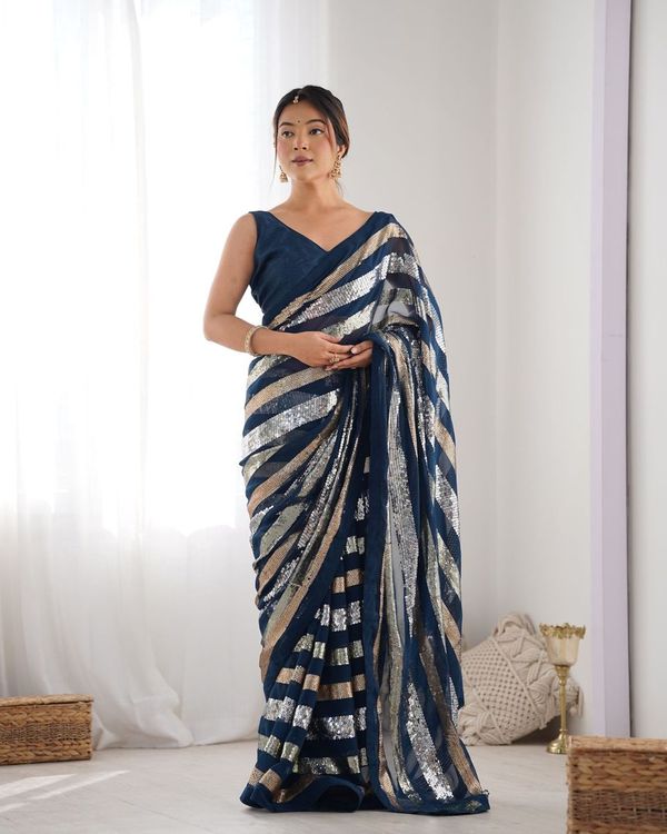 Petrol Sequance Embroidery Work Border Georgette Saree