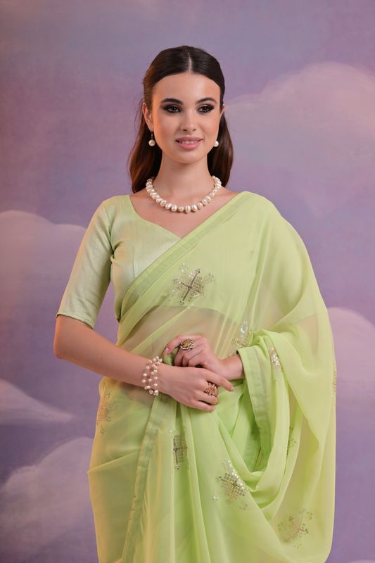 Parrot Designer Sequance Embroidery Work Georgette Saree