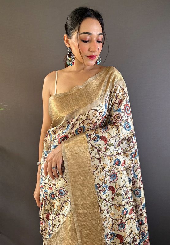 Beige Tussar Silk Wevon Jari Designer Saree With Madhubani Print