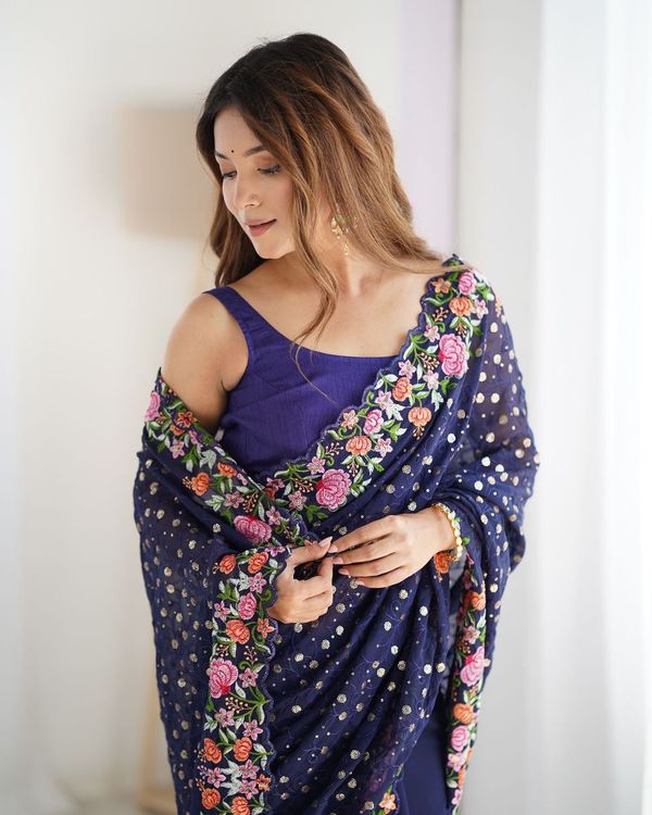 Blue Multy Thread & Sequance Embroidery Work Georgette Saree